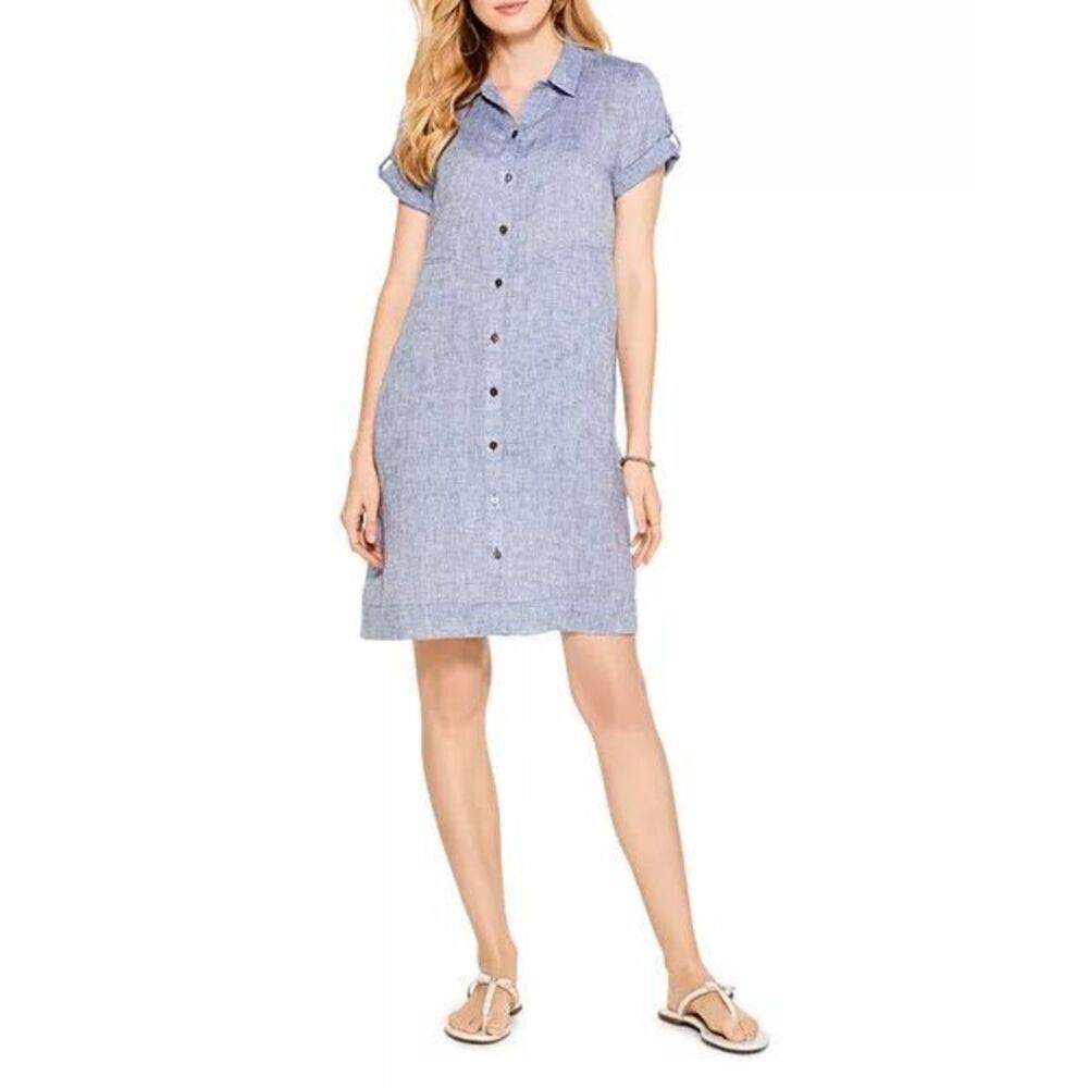 NIC+ZOE Drifty Linen Shirt Dress blue button up large